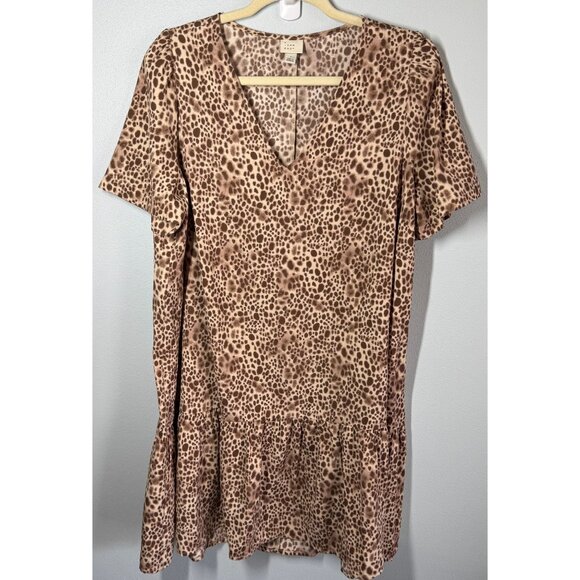 A New Day Women Leopard Print Mini Dress Large Swing Ruffle Boho V-Neck - Picture 2 of 11